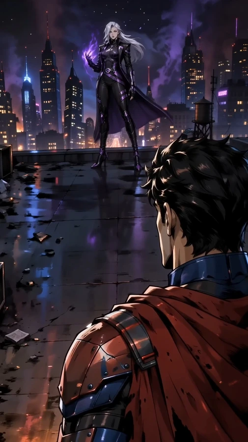 2.5D AI animation scene featuring a superhero and magic fighter in a fantasy battle sequence.
