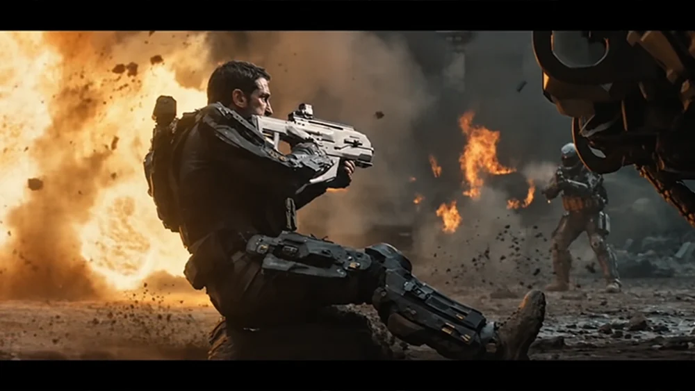 AI video production showcase by ESG Tech featuring futuristic warfare, cinematic battle sequences, advanced visual effects, and dynamic camera movement.