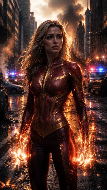 Female superhero standing alone in a damaged modern city at sunset, cinematic AI short drama scene showing emotional conflict, identity mystery, and superhero narrative for episodic content production.