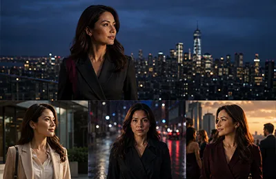 Consistent AI-generated character identity maintained across multiple scenes, emotions, and episodic video productions.