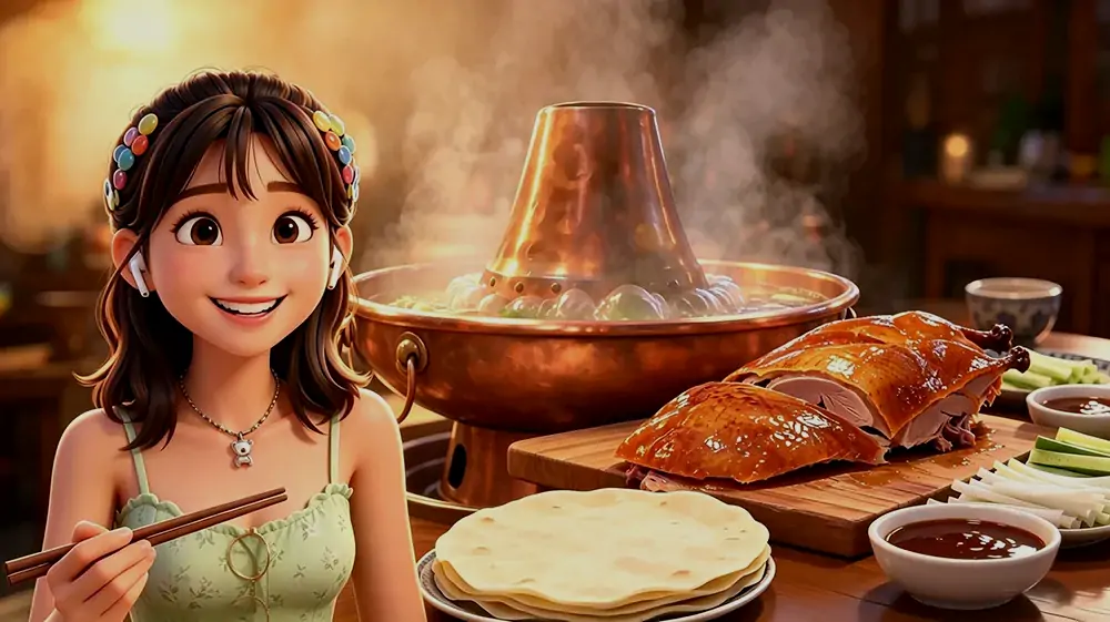 AI video production showcase by ESG Tech featuring high-fidelity stylized 3D food visualization of Beijing cuisine and multi-scene character consistency.