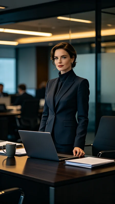 Modern workplace drama scene featuring business professionals in a serialized vertical content format.