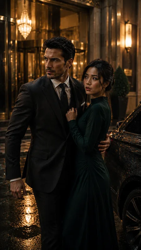 Mafia romance vertical drama showing a protective crime boss and an international Asian heroine in a high-stakes urban setting