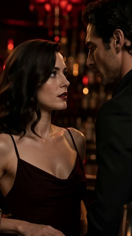 Photorealistic AI short drama showing two characters in an intimate bar scene with cinematic lighting