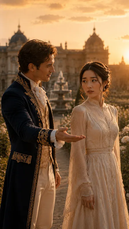 Royal romance vertical drama featuring an international Asian heroine and a European prince in an elegant palace garden