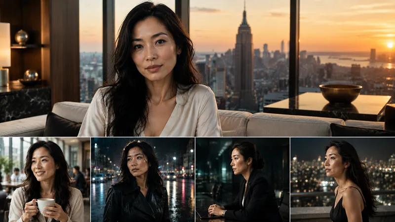 Consistent digital character identity maintained across multiple cinematic scenes in AI-generated episodic video production.