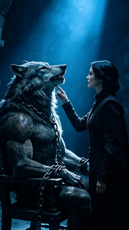 A gritty 35mm film still from a vertical dark fantasy streaming drama: on the left, a muscular captive werewolf Alpha male is chained to an iron chair in a stone dungeon, his head tilted back with sweat on his skin. On the right foreground, a sharp, elegant silhouette profile of a woman's face and arm as her fingertips firmly touch his jawline under a single beam of dark-amber cinematic spotlight.